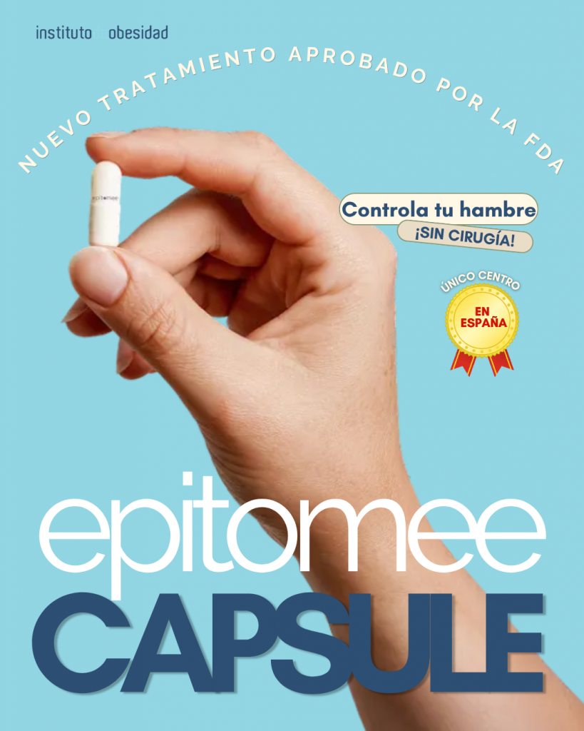 Hand holding a white capsule on a blue promotional poster for an FDA-approved obesity treatment that controls hunger without surgery, with Spanish text and badge elements.