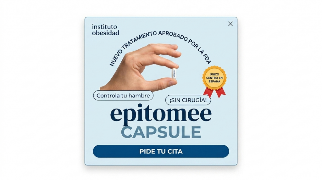 Poster ad for Epitomee Capsule: a hand holds a small capsule against a light blue background with Spanish slogans and a prominent 'Pide tu cita' button.
